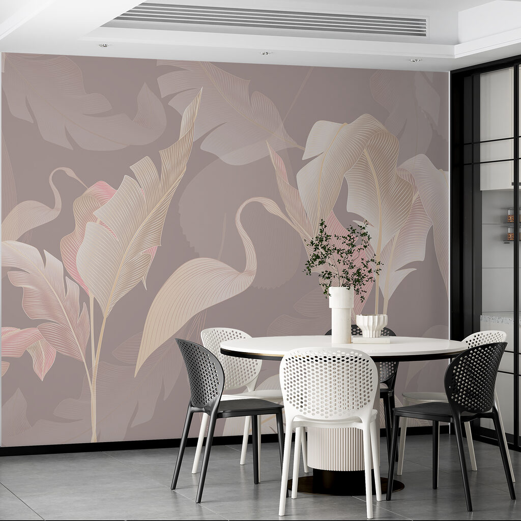 Crèmekleurige bladeren op taupe — interieur 2