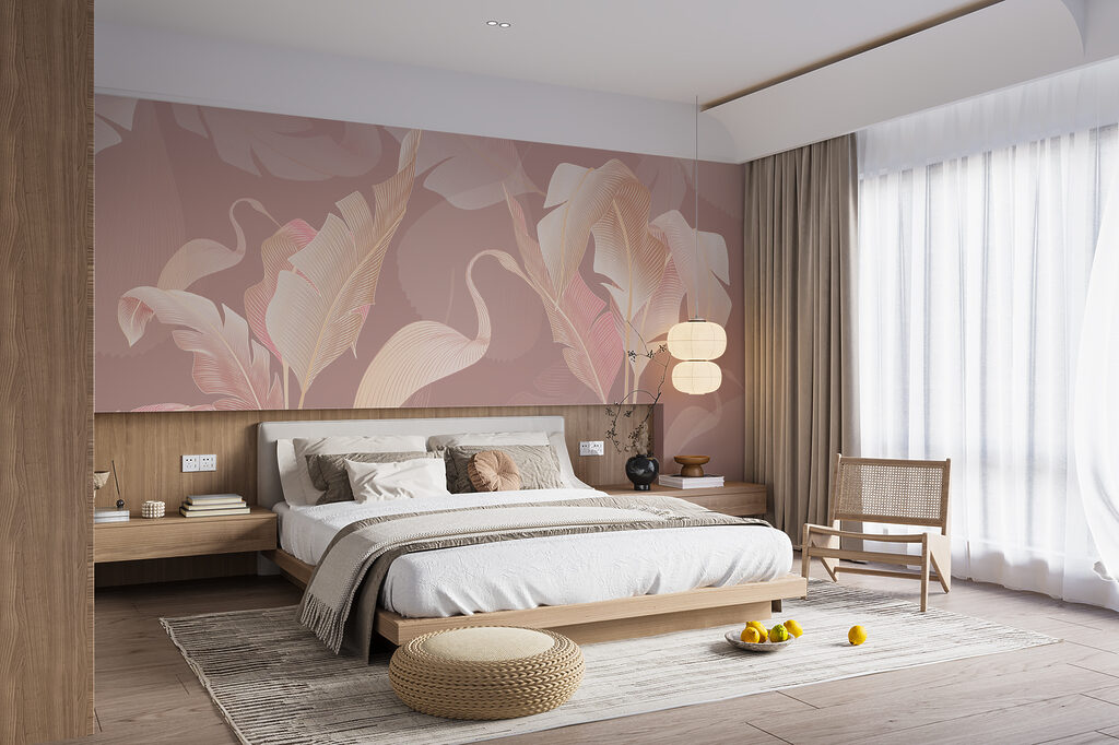 Een patroon van veren op een roze achtergrond in een interieur