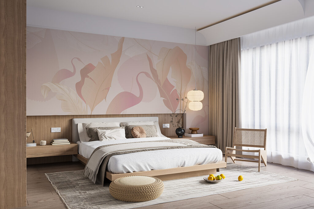 Flamingoschimmen achter groot blad — interieur 1