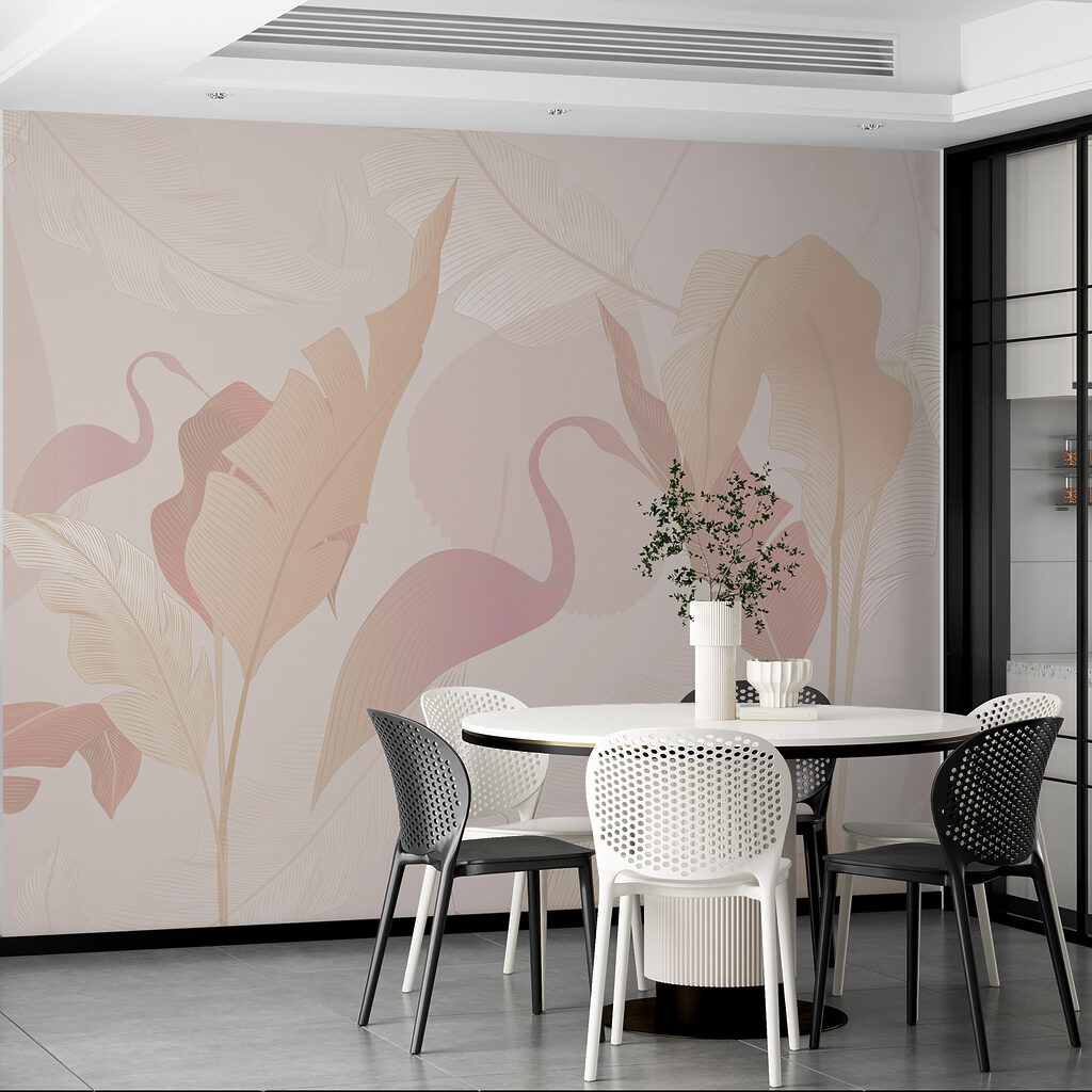 Flamingoschimmen achter groot blad — interieur 2