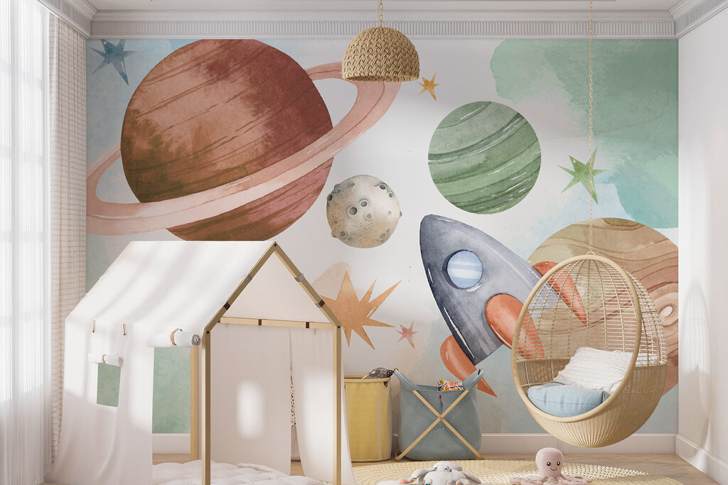 Een raket en planeten in de ruimte in een interieur