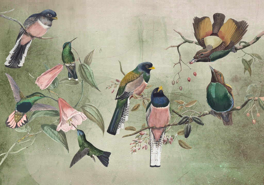 Kleurige vogels op takken — volledig ontwerp