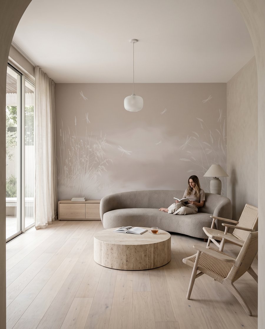 Libellen rond fijne rietlijnen in een interieur