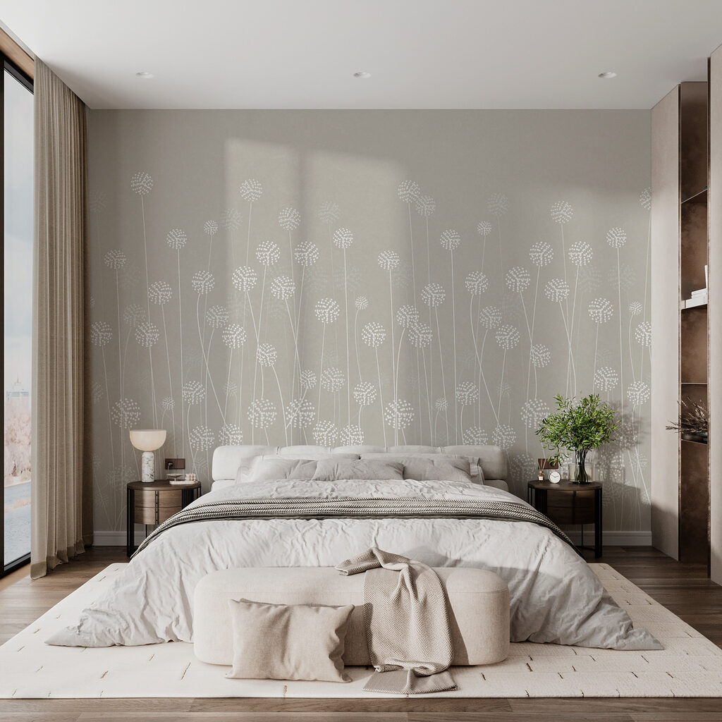 Witte bloemschermen op lichttaupe — interieur 1