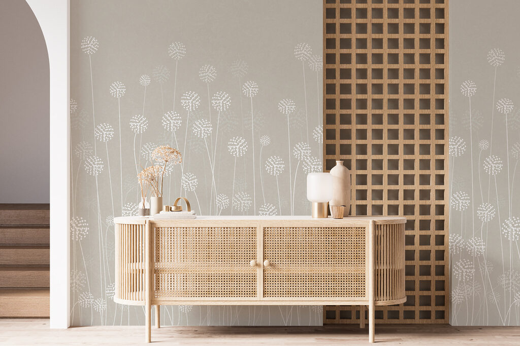Witte bloemschermen op lichttaupe — interieur 2