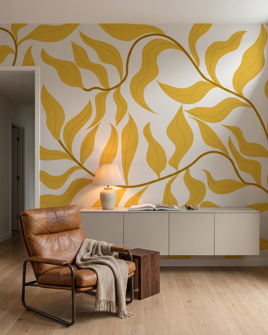 Bladtakken als golvende linten in een interieur