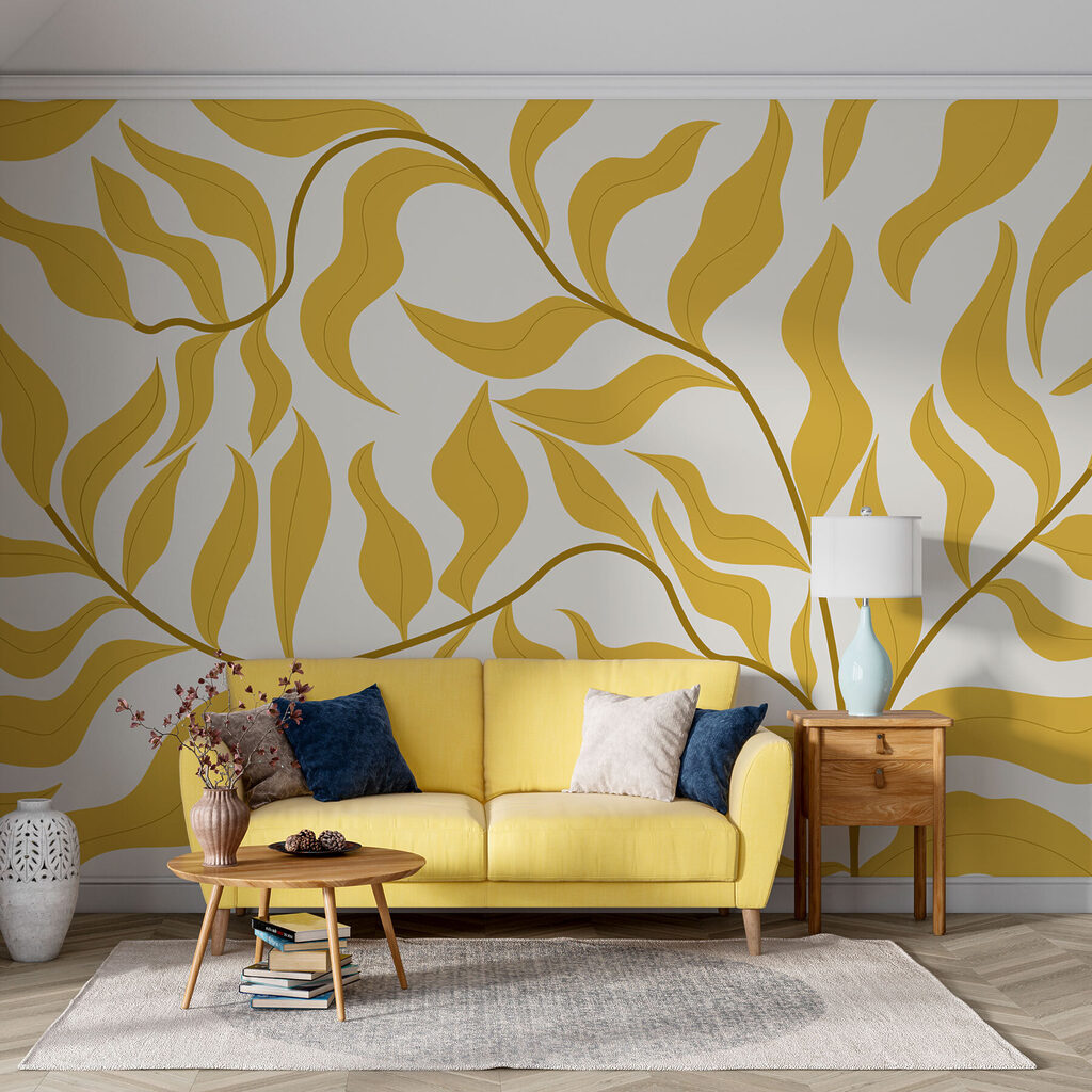 Een geel blad op een witte achtergrond in een interieur