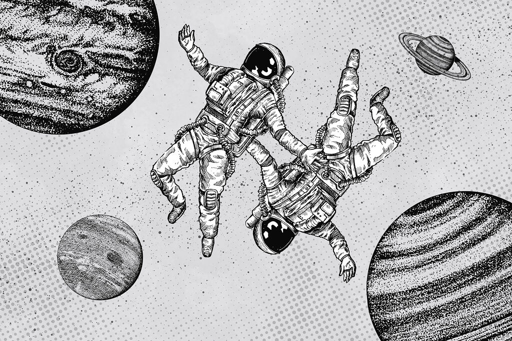 Astronauten naast getekende planeten — volledig ontwerp