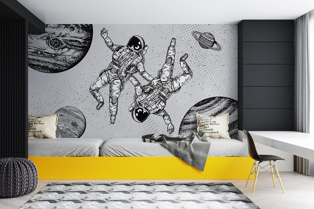 Astronauten naast getekende planeten — interieur 1