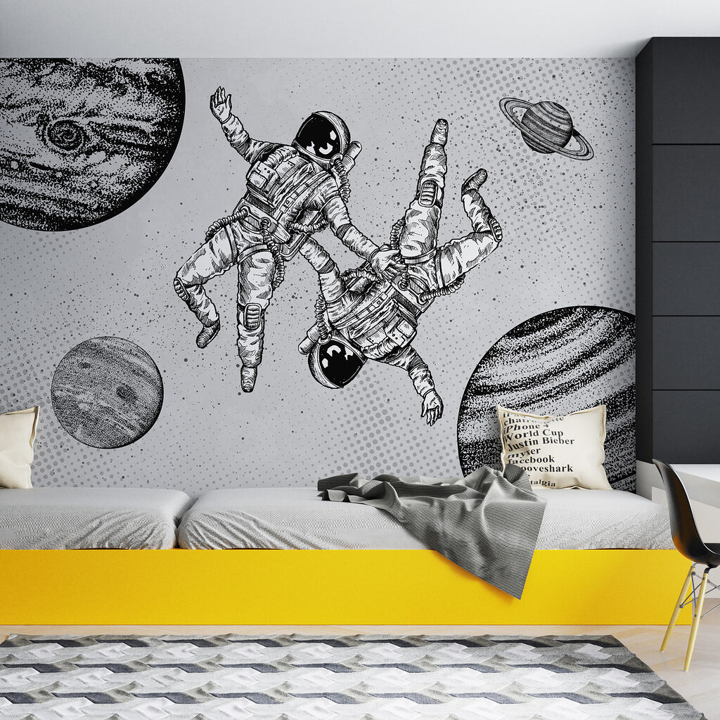Astronauten naast getekende planeten — interieur 2