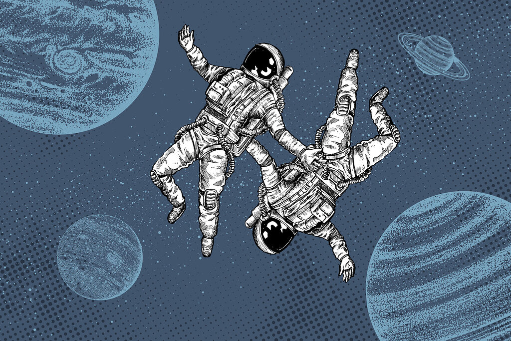 Twee astronauten zweven samen — volledig ontwerp