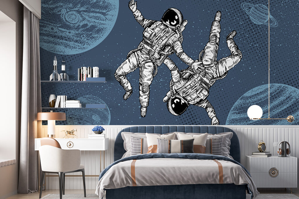 Twee astronauten zweven in de ruimte in een interieur