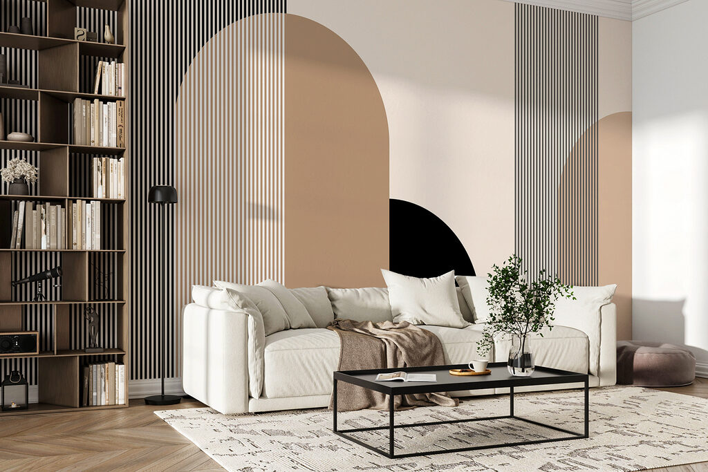 Een zwart met bruin en wit kunstwerk in een interieur