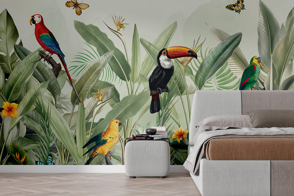 Tropisch paradijs met een kleurrijke fauna in een interieur