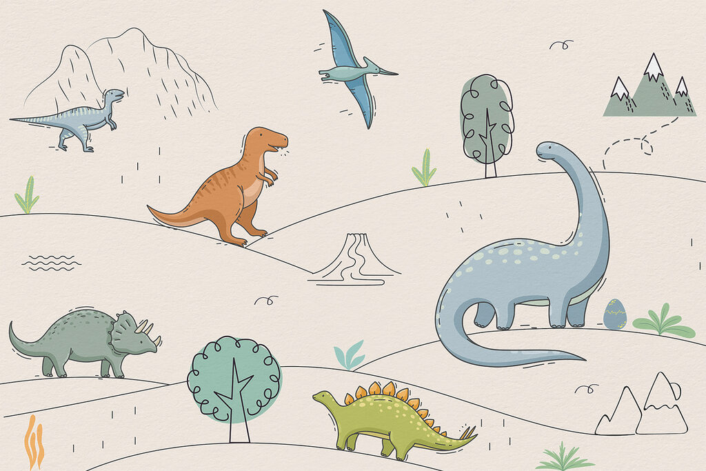 Dinosaurussen in fijne tekencontouren — volledig ontwerp