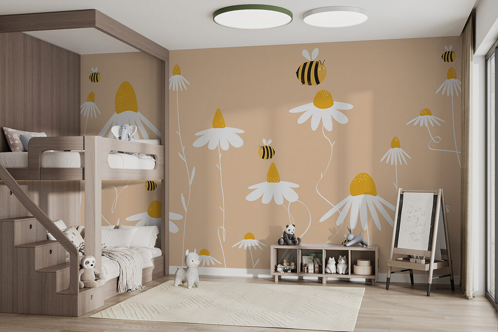Een bij op een bloem in een interieur