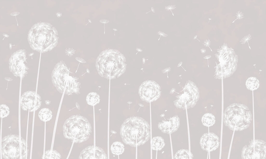 Witte pluisbollen op nevelgrijs — volledig ontwerp