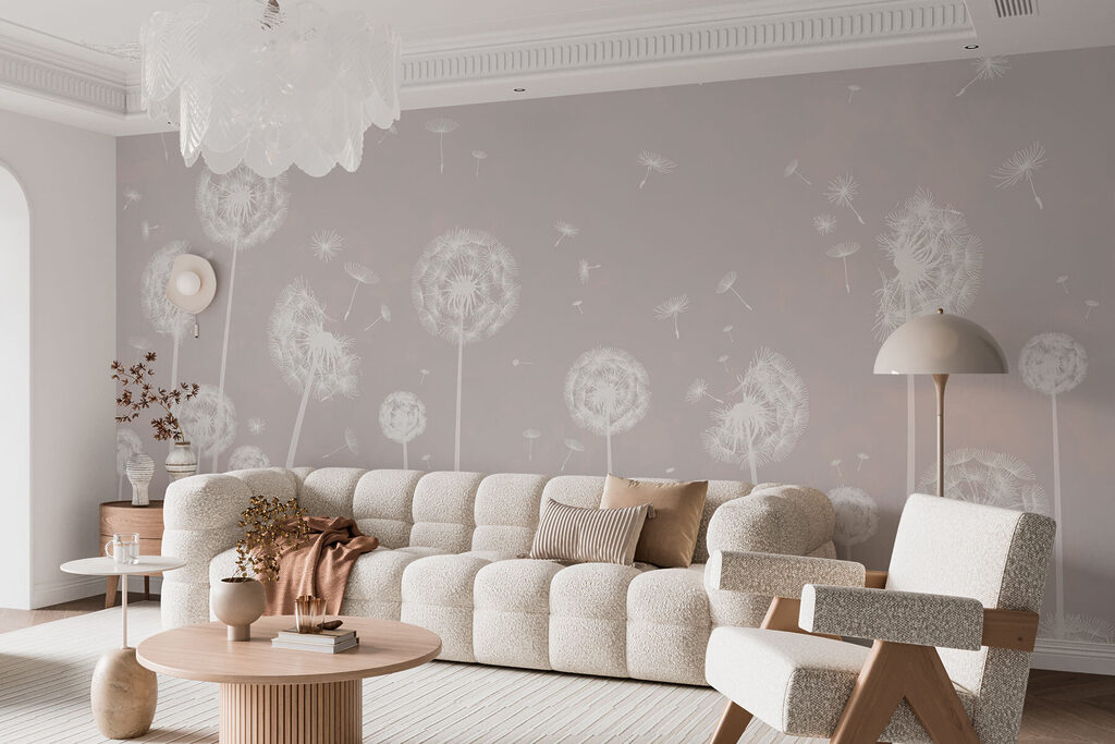 Witte pluisbollen op nevelgrijs — interieur 3