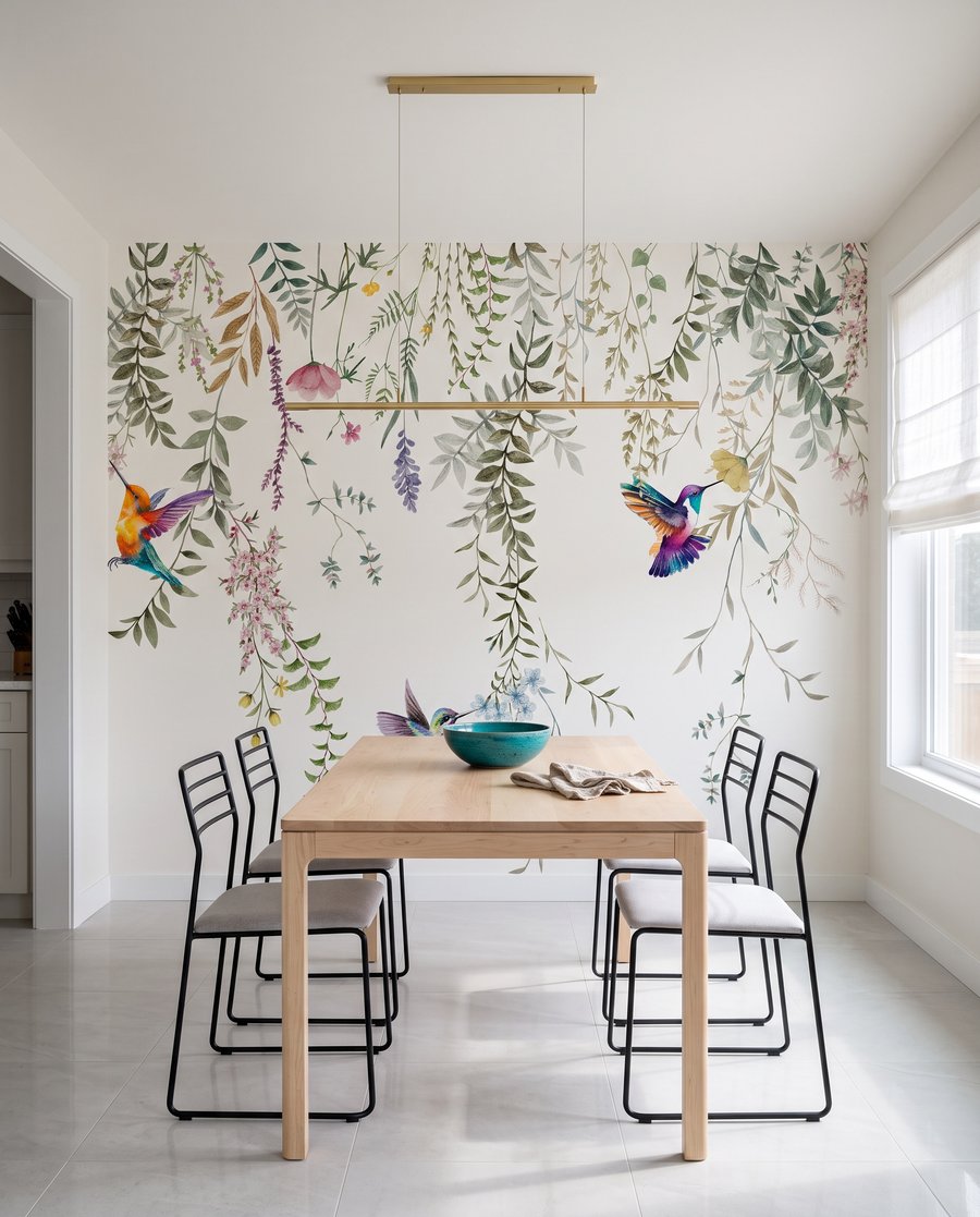 Een schilderij van vogels en bloemen in een interieur