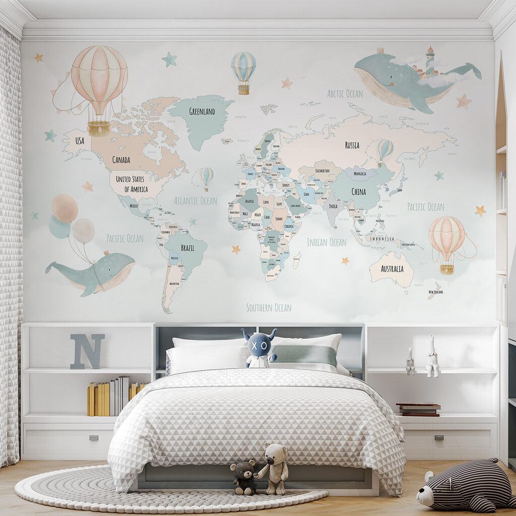 Wereldkaart met zwevende walvissen — interieur 1