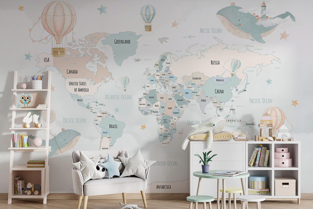 Wereldkaart met zwevende walvissen — interieur 2