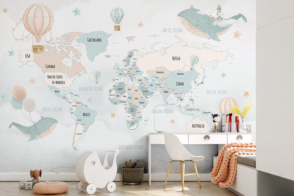 Wereldkaart met zwevende walvissen — interieur 3