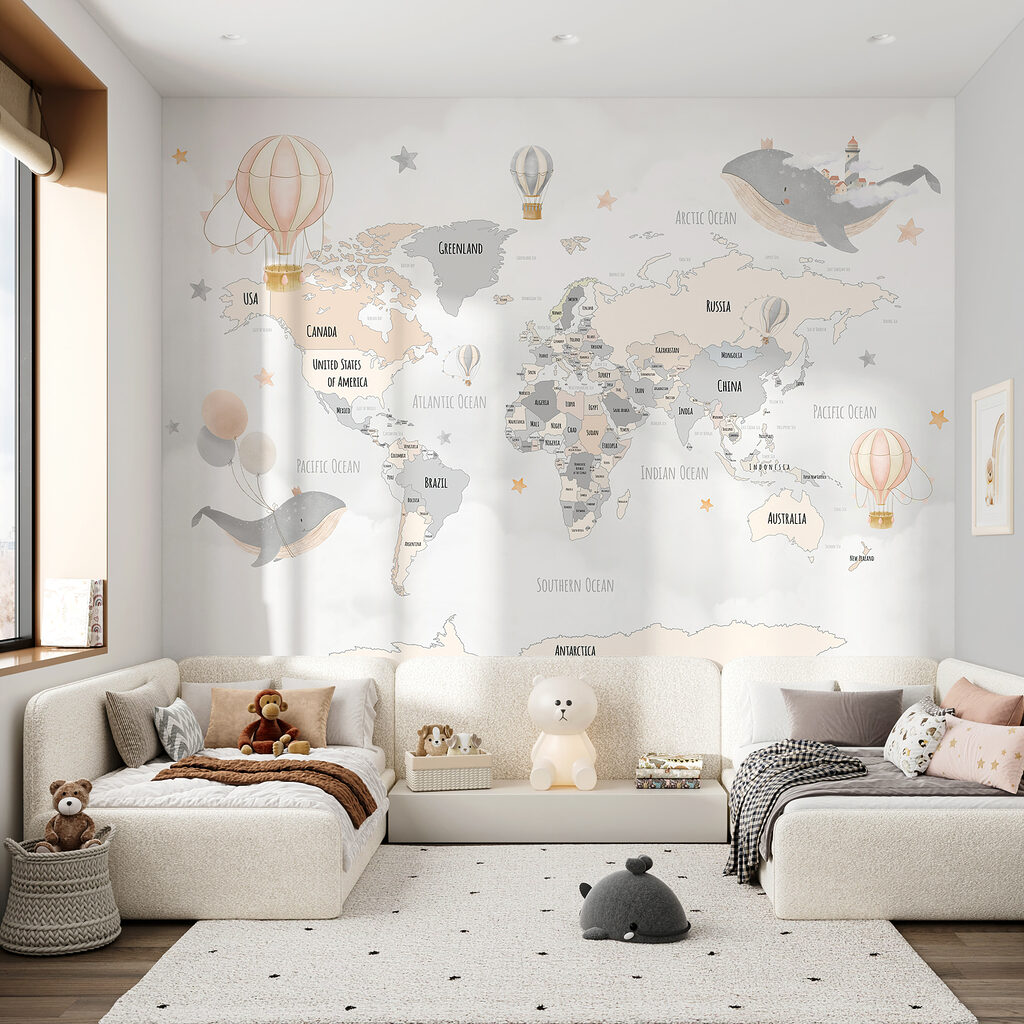 Een wereldkaart met heteluchtballonnen in een interieur