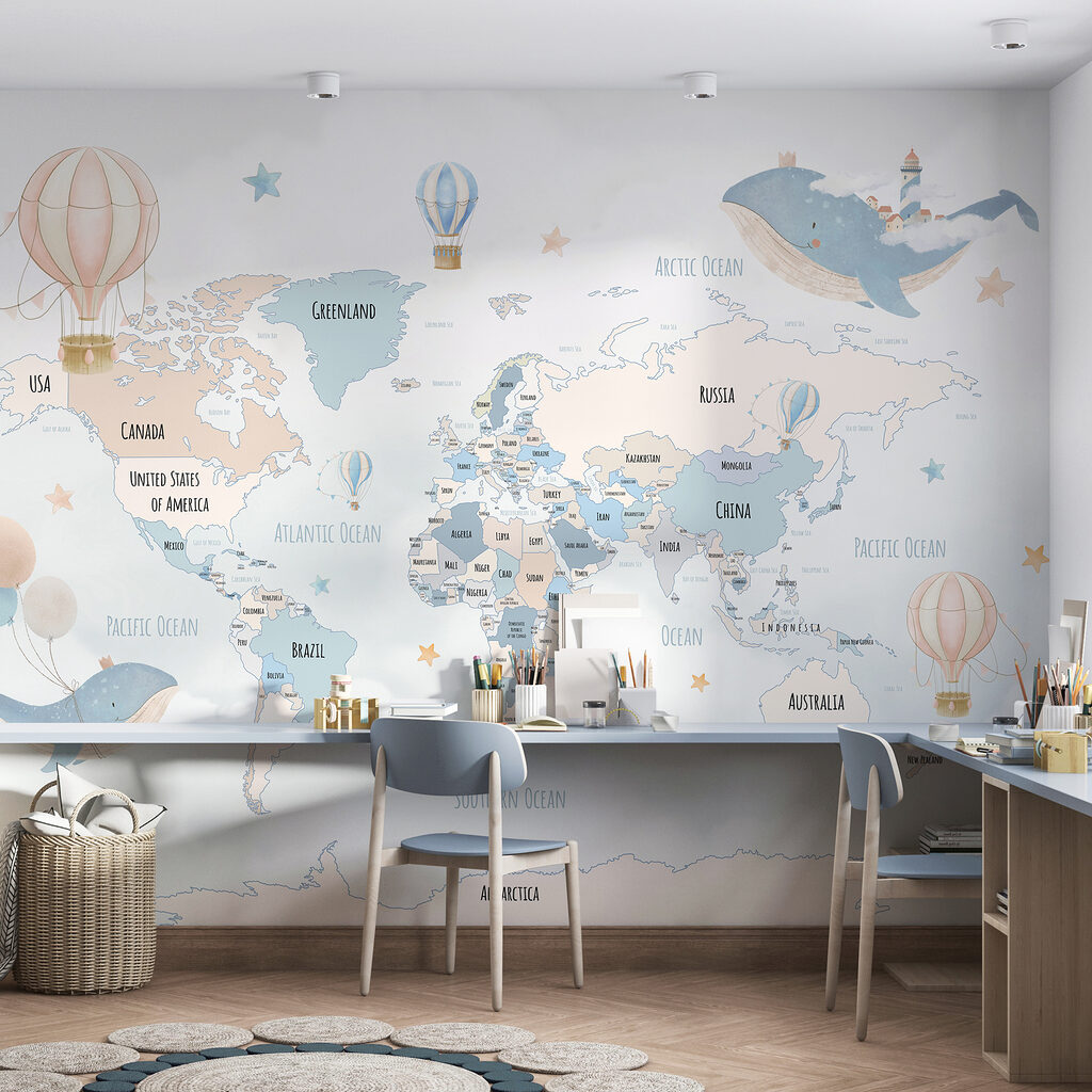 Walvissen rond een wereldkaart — interieur 2