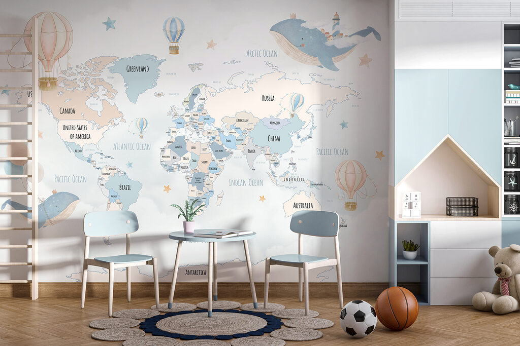 Walvissen rond een wereldkaart — interieur 3