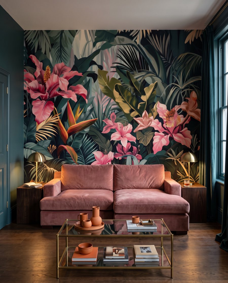 Tropische bloemen te midden van weelderig gebladerte in een interieur