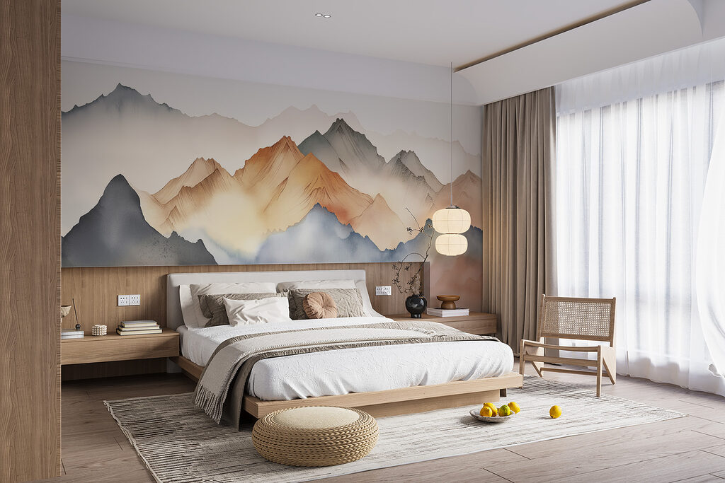 Een schilderij van bergen in de mist in een interieur