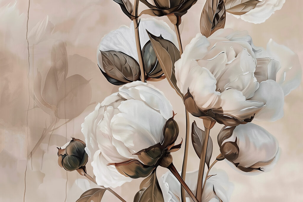 Witte bloemen, bruine stelen — volledig ontwerp