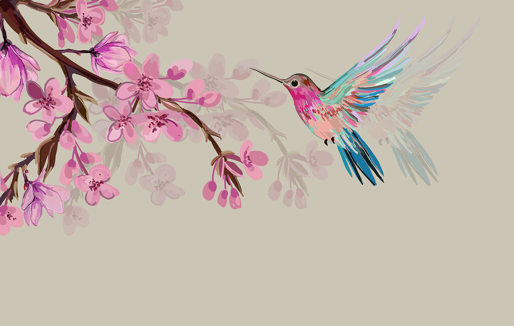 Kolibrie bij roze bloesem — volledig ontwerp
