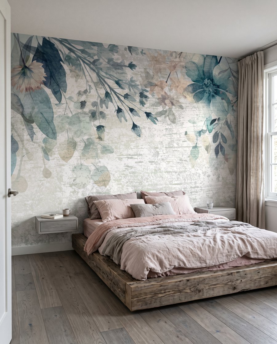 Blauwe bloemen op patina in een interieur