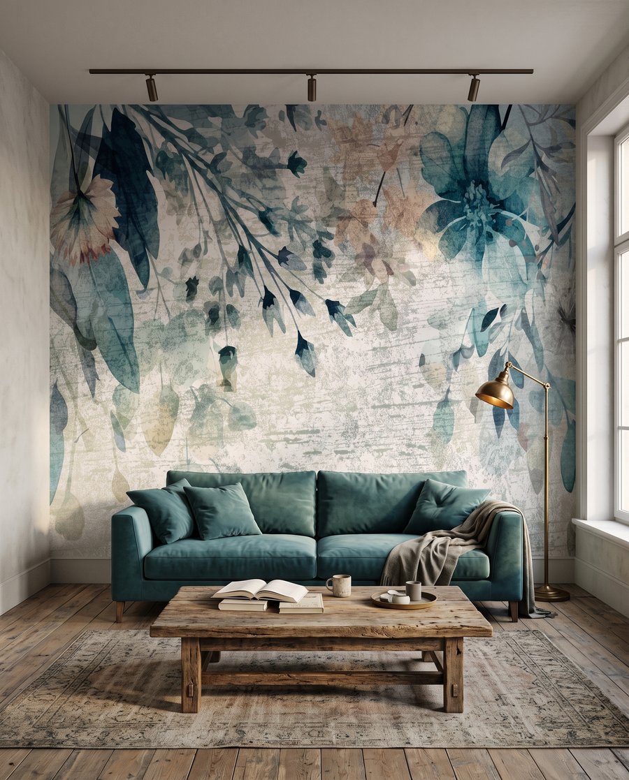 Blauwe bloemen op patina in een interieur