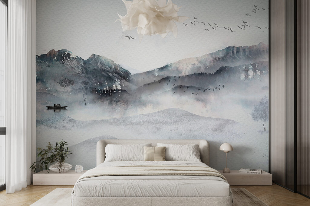 Bootje tussen gestippelde bergnevel — interieur 1