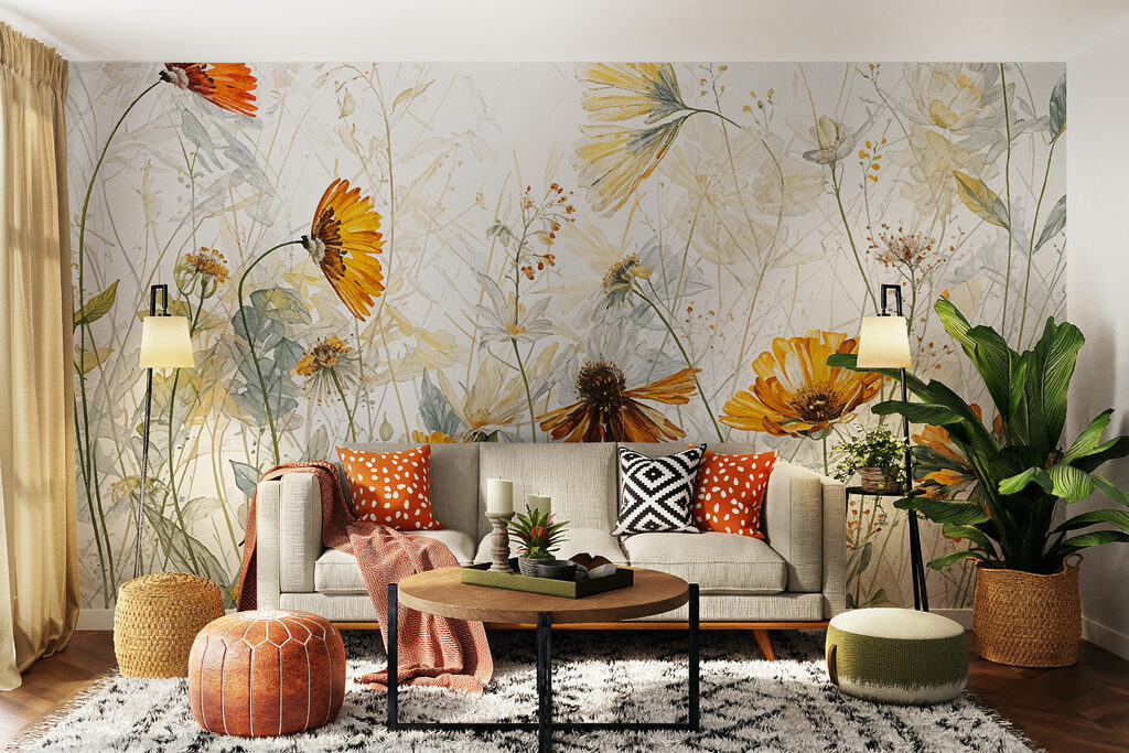 Een schilderij van bloemen en bladeren in een interieur