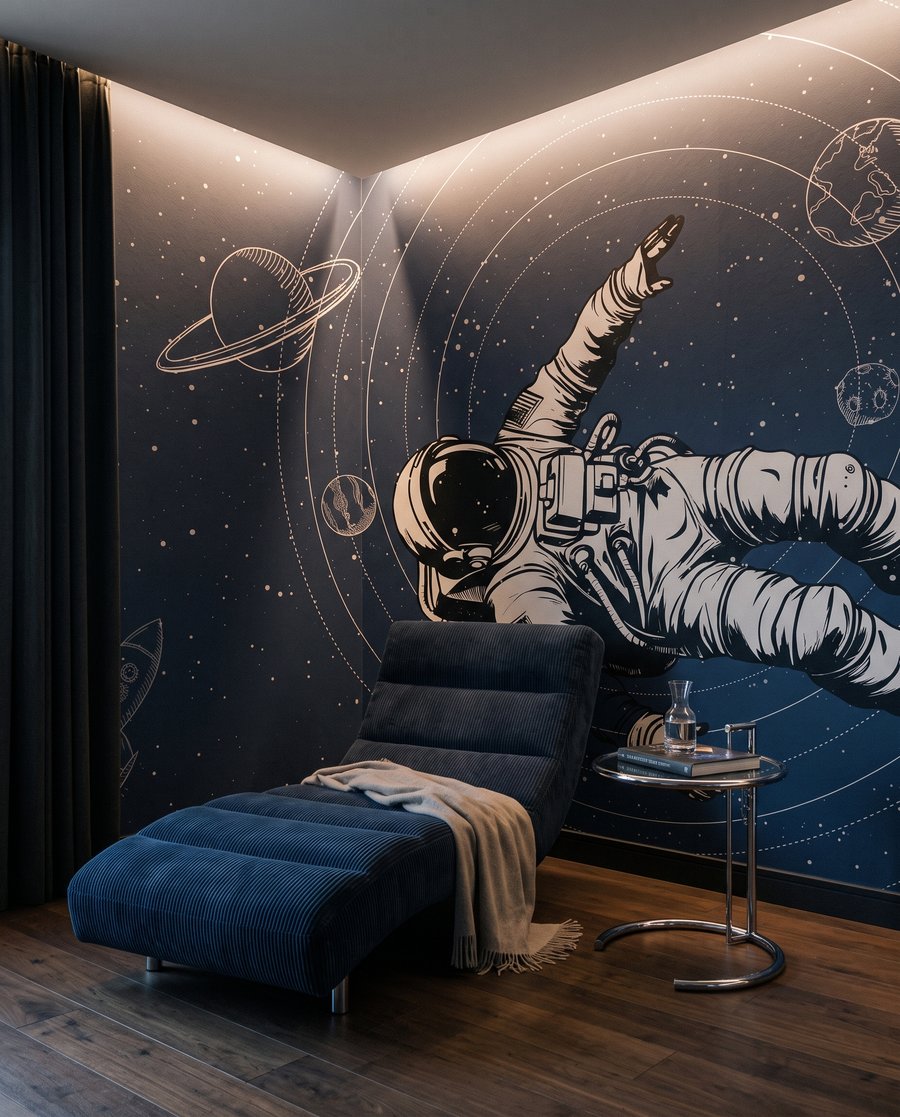 Astronaut tussen getekende planeetbanen — interieur 1