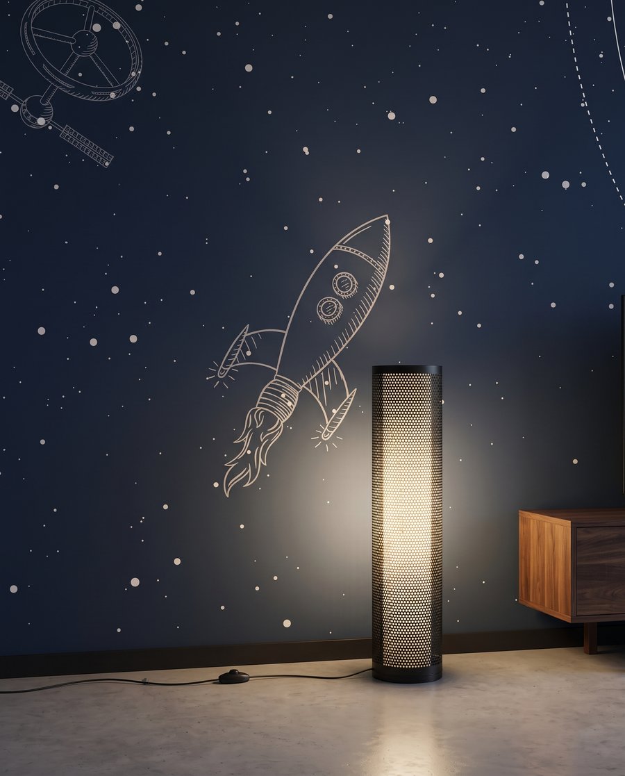 Astronaut tussen getekende planeetbanen — interieur 4