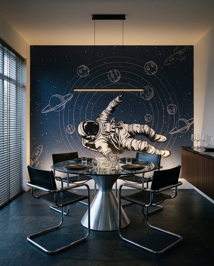Astronaut tussen getekende planeetbanen — interieur 6
