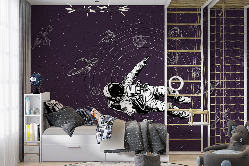 Een astronaut zwevend in de ruimte in een interieur