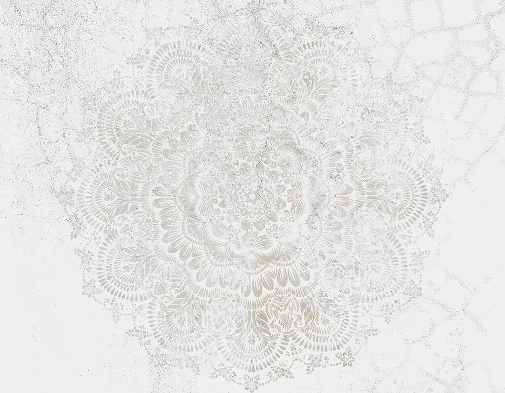 Bleke mandala op grijswit — volledig ontwerp