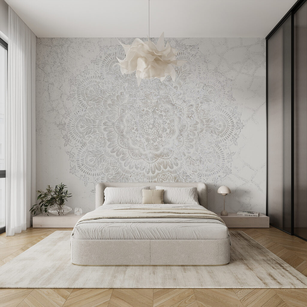 Bleke mandala op grijswit — interieur 1