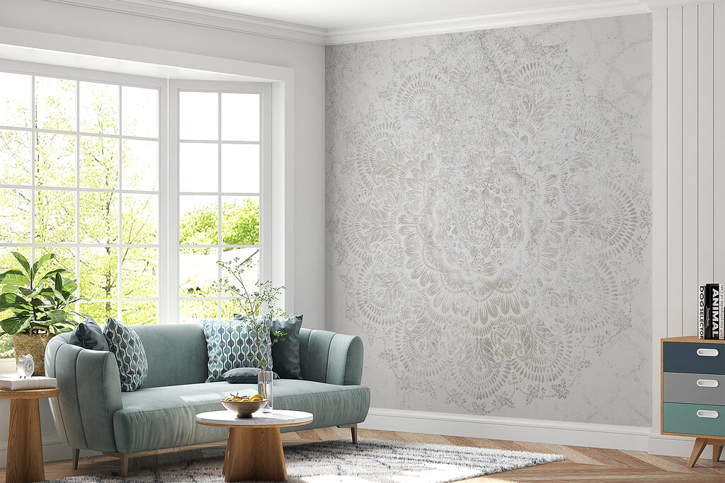 Bleke mandala op grijswit — interieur 2