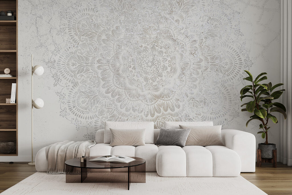 Bleke mandala op grijswit — interieur 3