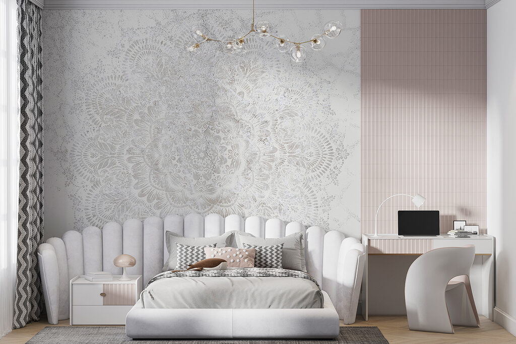 Bleke mandala op grijswit — interieur 4