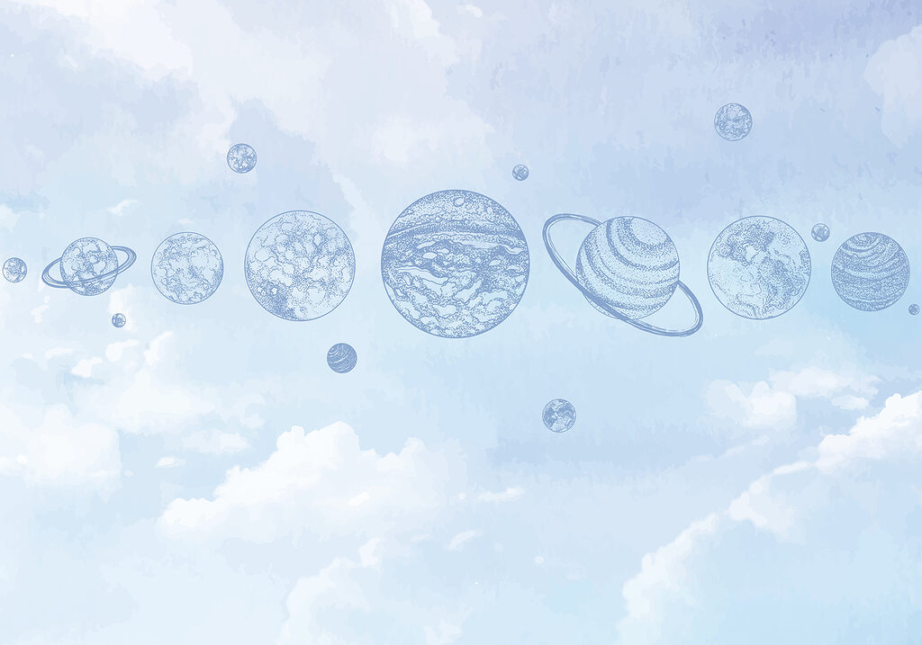 Planeten boven blauwe wolken — volledig ontwerp