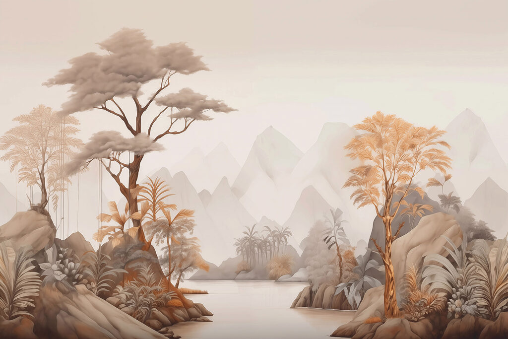 Rivier tussen zandkleurige junglebomen — volledig ontwerp