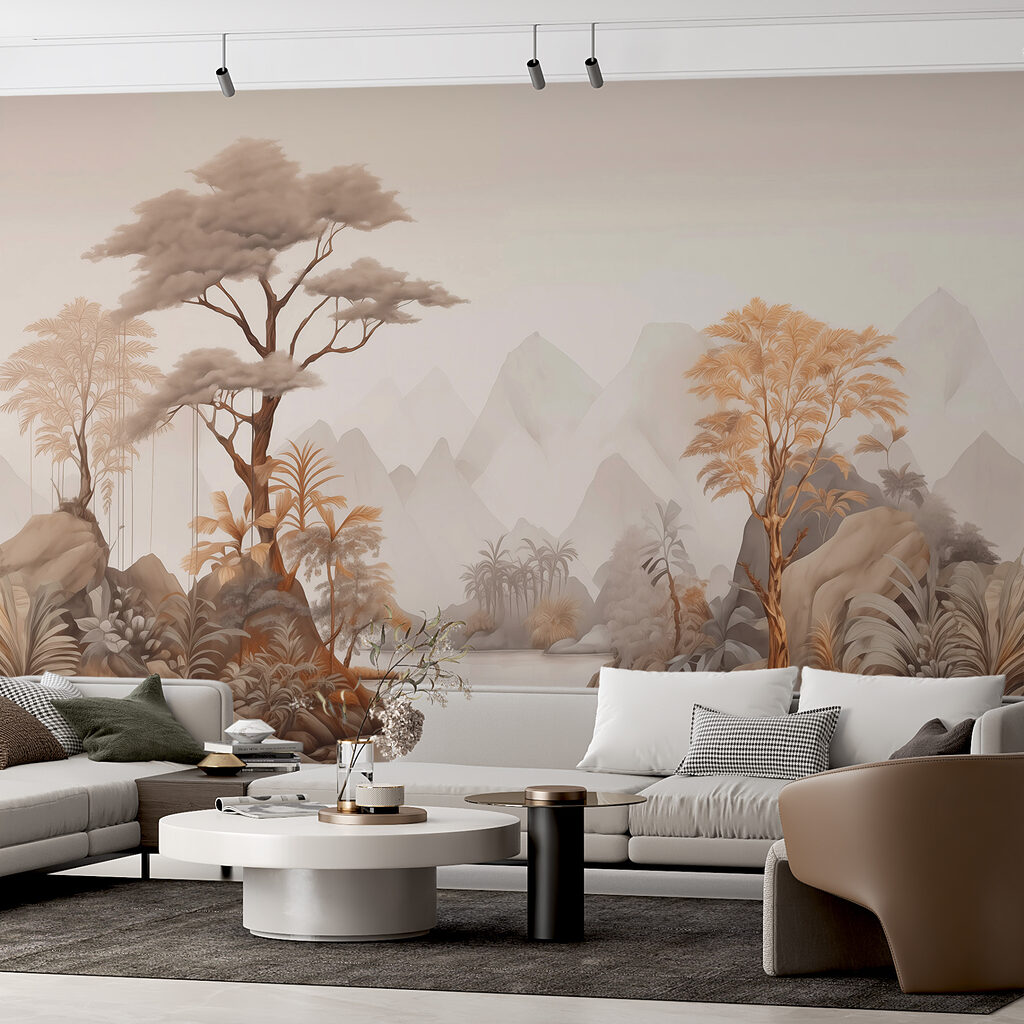 Rivier tussen zandkleurige junglebomen — interieur 1