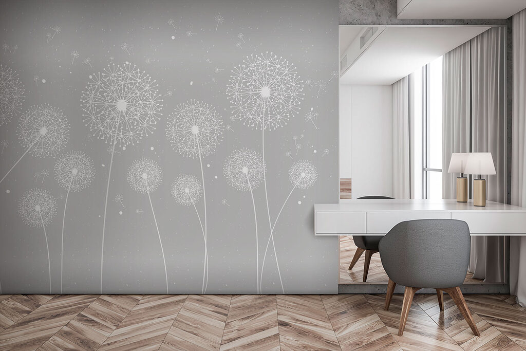 Een witte paardenbloem op een grijze achtergrond in een interieur